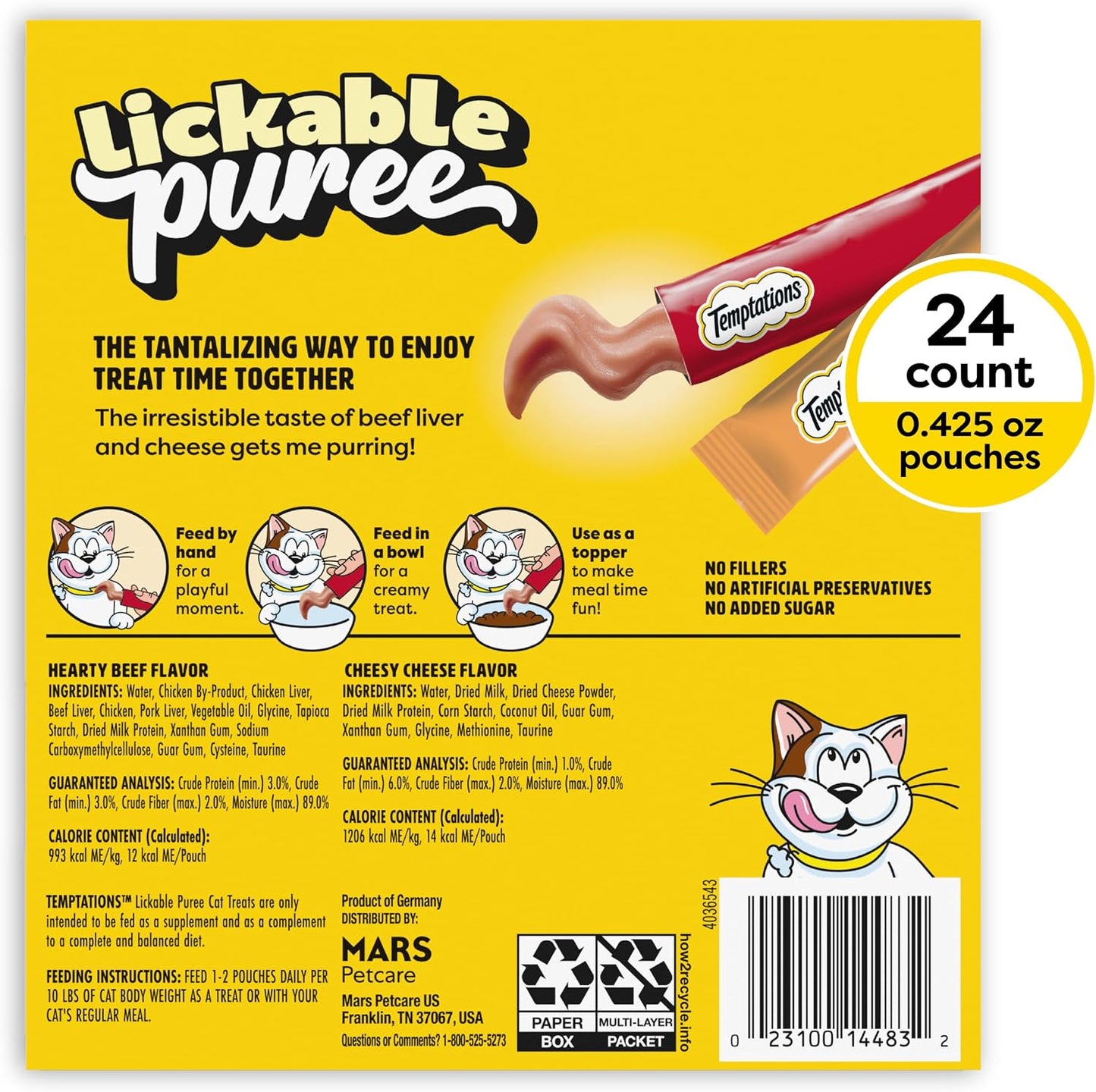 Creamy Puree Lickable Cat Treats, Beef Liver & Cheese, 24 Count | under 15 Calories per Tube, Great for Senior Cats, No Chewing Required, No Added Sugar, Wet Squeezable Treat, 0.42 Oz. Tubes