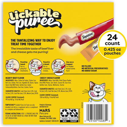 Creamy Puree Lickable Cat Treats, Beef Liver & Cheese, 24 Count | under 15 Calories per Tube, Great for Senior Cats, No Chewing Required, No Added Sugar, Wet Squeezable Treat, 0.42 Oz. Tubes