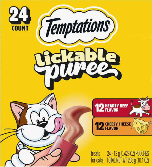 Creamy Puree Lickable Cat Treats, Beef Liver & Cheese, 24 Count | under 15 Calories per Tube, Great for Senior Cats, No Chewing Required, No Added Sugar, Wet Squeezable Treat, 0.42 Oz. Tubes